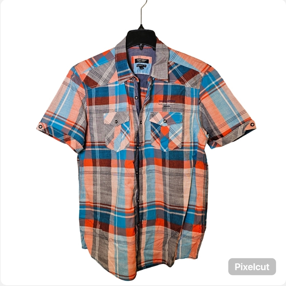 👍NWOT Point Zero orange blue plaid cotton short sleeve button down shirt L US.